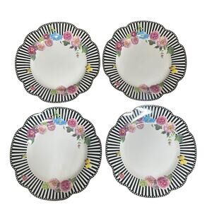 Grace Teaware 9.25” Salad Appetizer Black White Stripe & Flowers Plates Set of 4